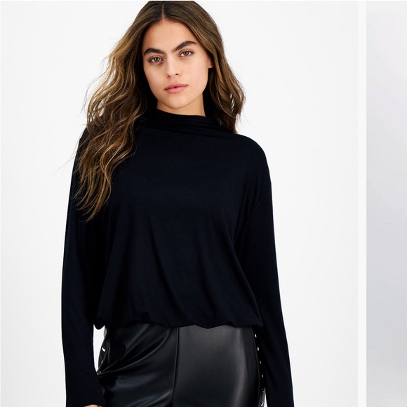 Bar III Tops - Bar III Petite Mock Neck Long-Sleeve Blouson Knit Top